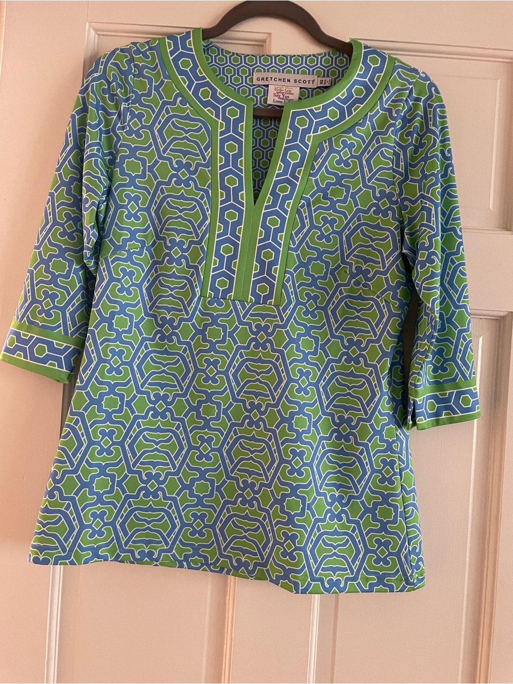 Gretchen Scott Designs Blue and Green Geometric Split-Neck Tunic